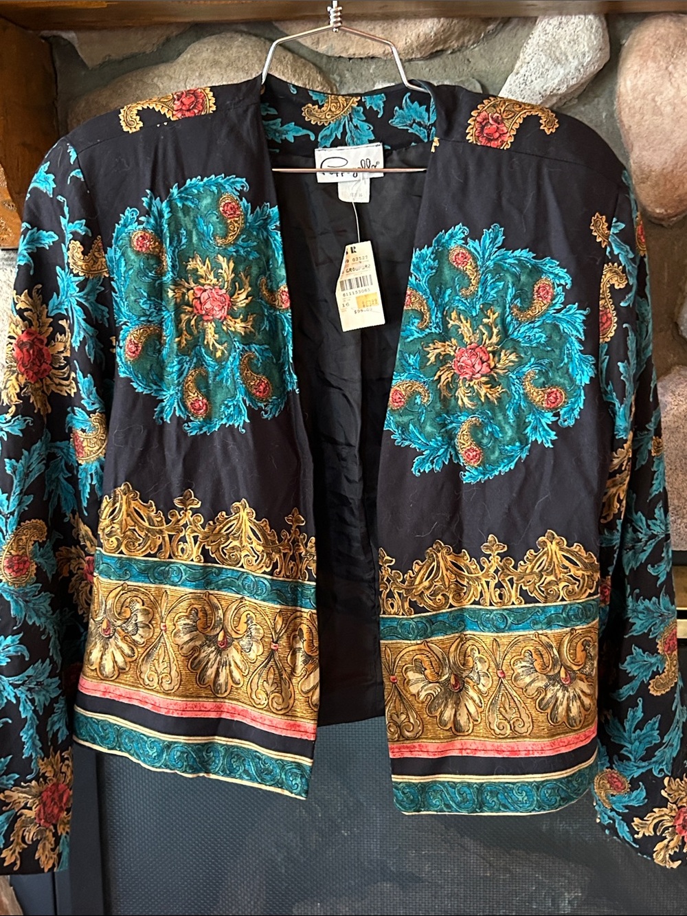 Pappagallo Black Vintage Ornate-Print Open-Front Jacket, Size 16, NWT